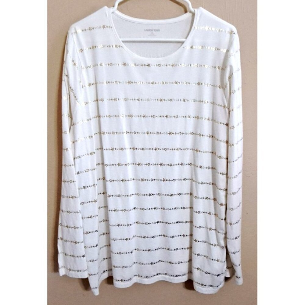 Lands' End Women's 2X Gold Metallic Star Stripe Scoop Neck Long Sleeve Top